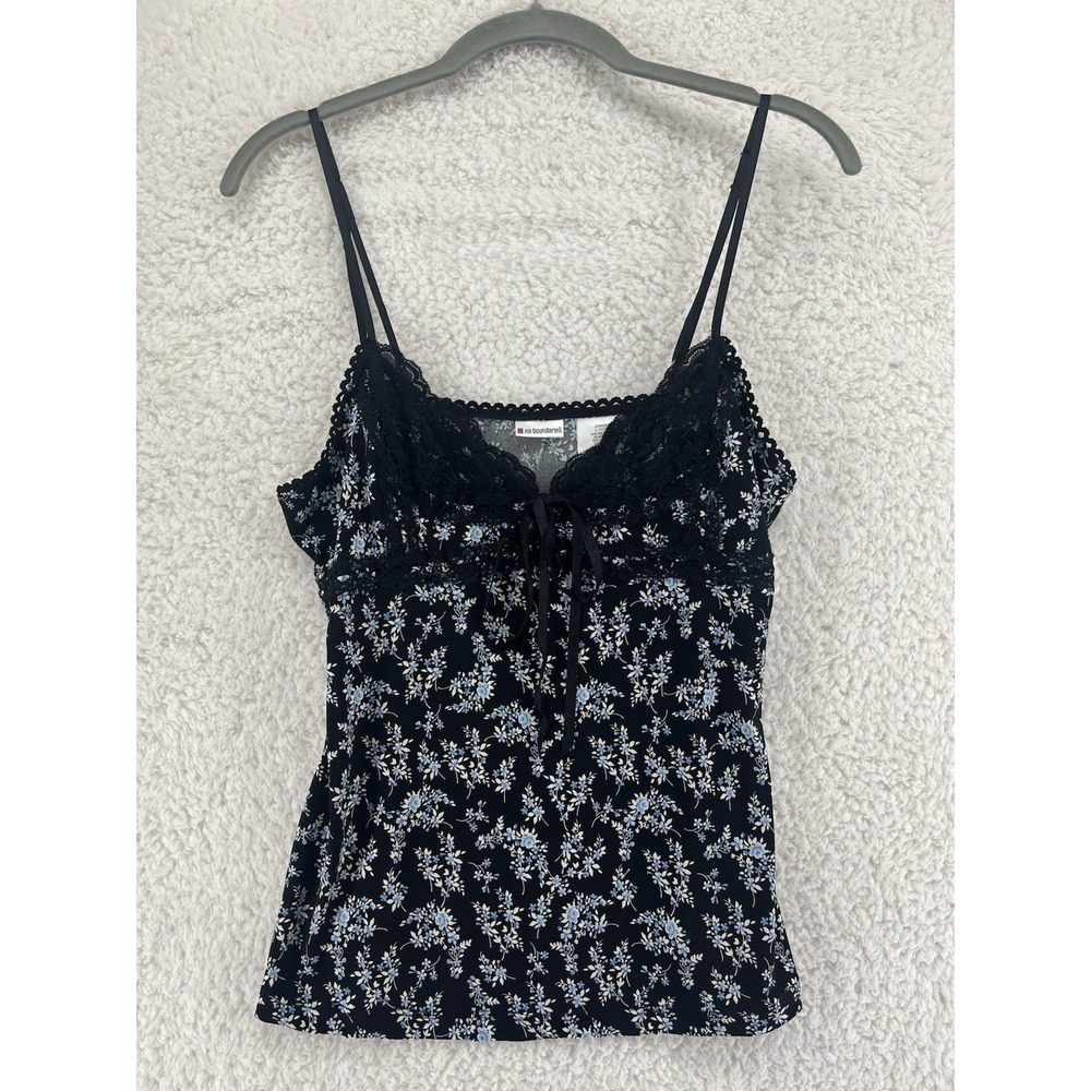VTG‎ Y2K No Boundaries Women's Camisole Size Large Black Floral Fairy Whimsigoth